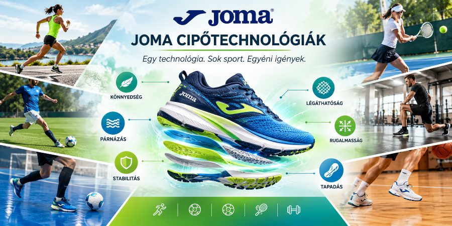 JOMA cipőtechnológiák különböző sportágakhoz, futáshoz, futballhoz, terem- és ütősportokhoz.